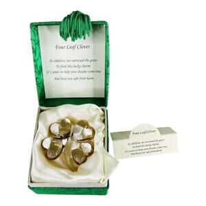 VTG Glass Four Leaf CLOVER CHARM Blessing Shamrock Figurine In Box Gold Detail